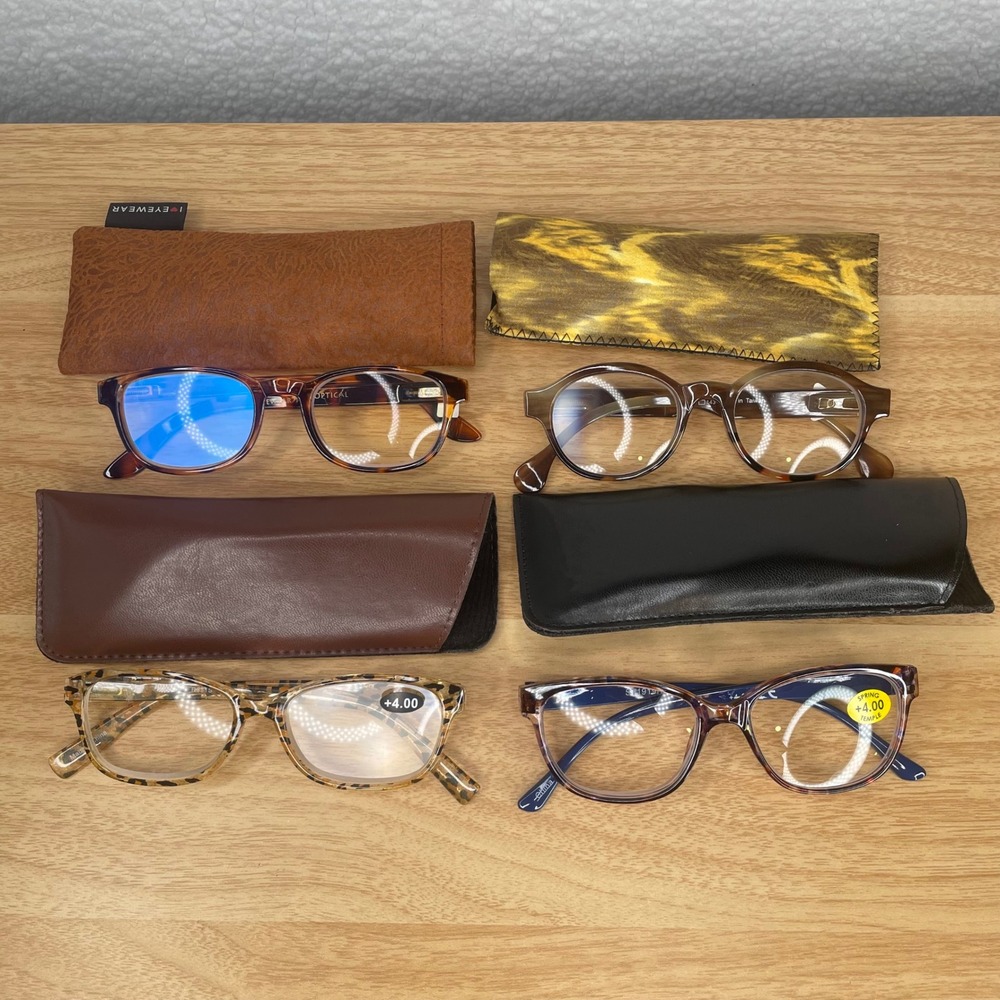 Lot of 4 Reading Glasses +4.00‎ Strength Tortoise Leopard Print with Soft Cases
